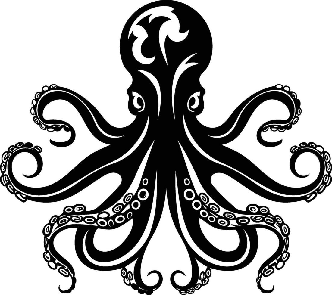 Stylized black and white illustration of an octopus with intricate details vector
