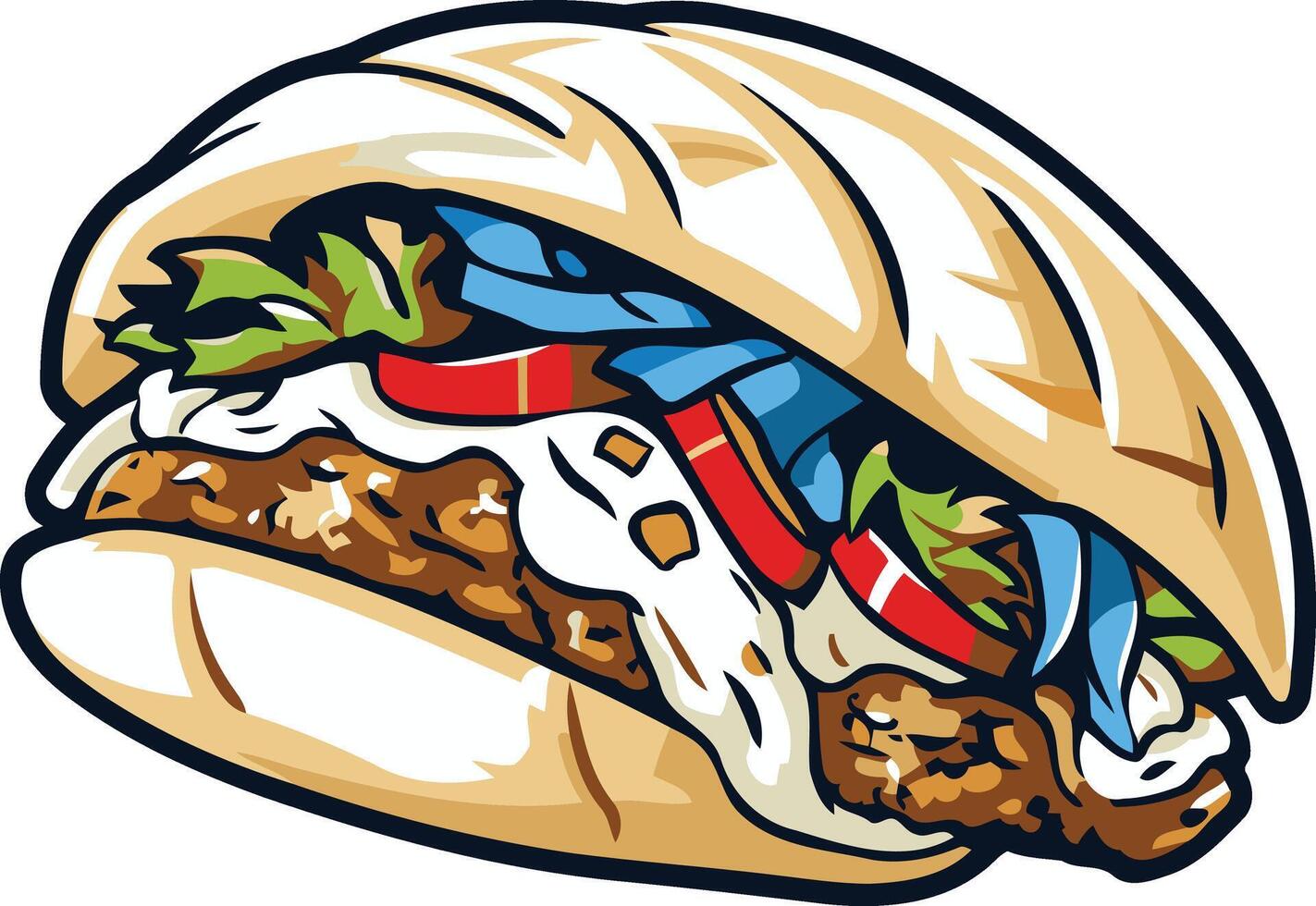 Cartoon Style Burger with Lettuce, Tomato, and Onions vector