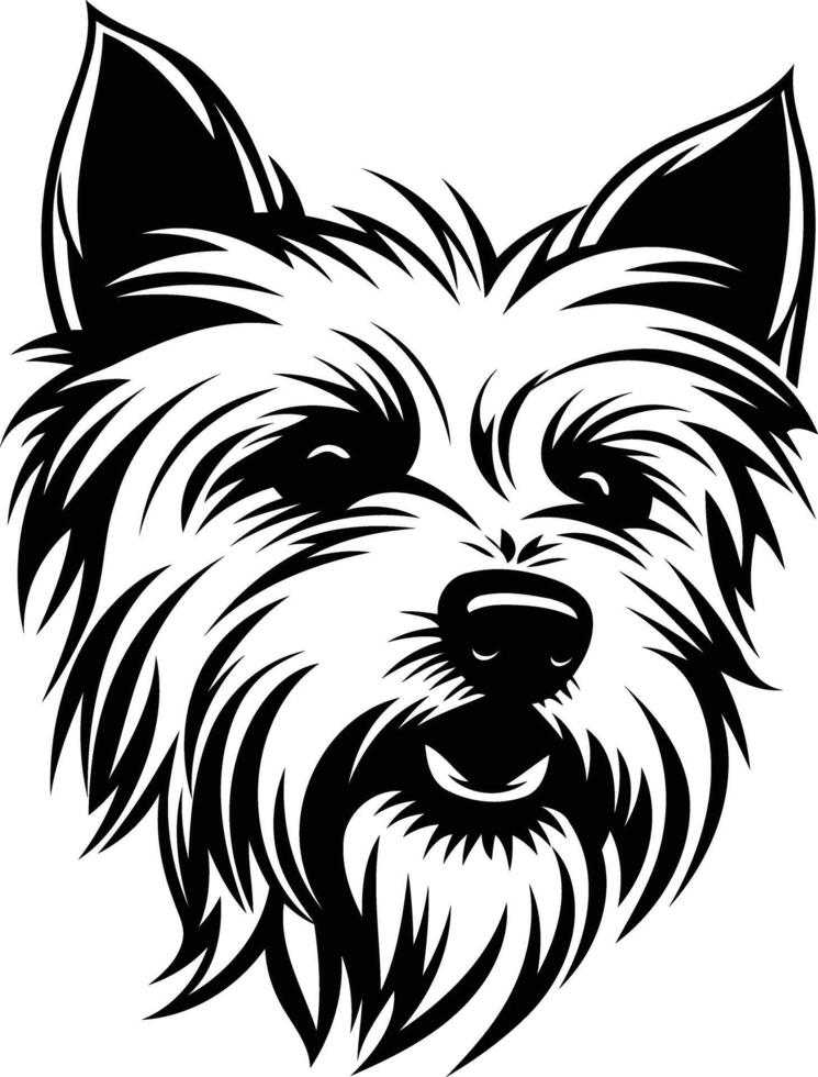 Black and white illustration of a yorkshire terrier's head, perfect for pet themed designs, tattoos, and branding vector