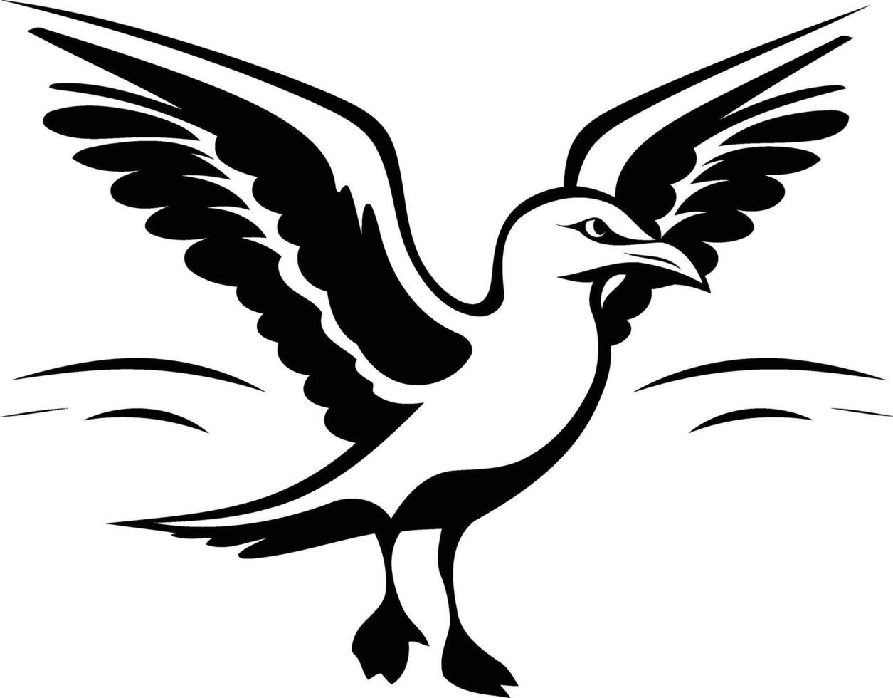 A striking black and white illustration of a seagull in flight, perfect for nature, travel, or wildlife themed designs vector