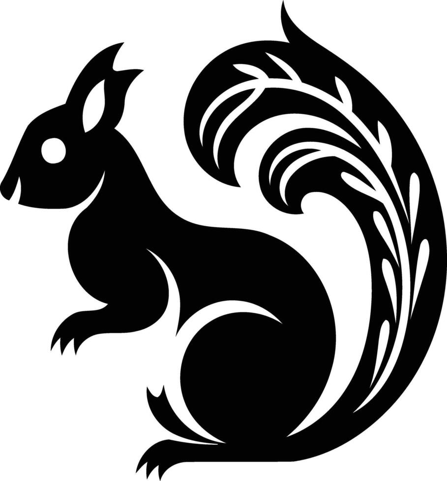 Stylized black and white illustration of a squirrel with a whimsical, floral tail vector