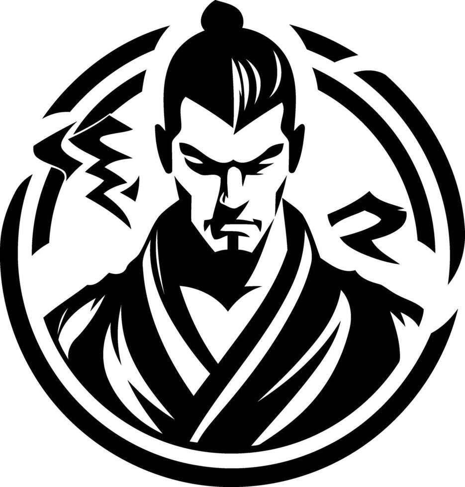 A powerful black and white illustration of a samurai warrior, his face determined and focused vector