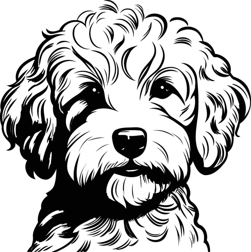 A black and white line art illustration of a fluffy dog, perfect for pet lovers, tattoo designs, and branding vector