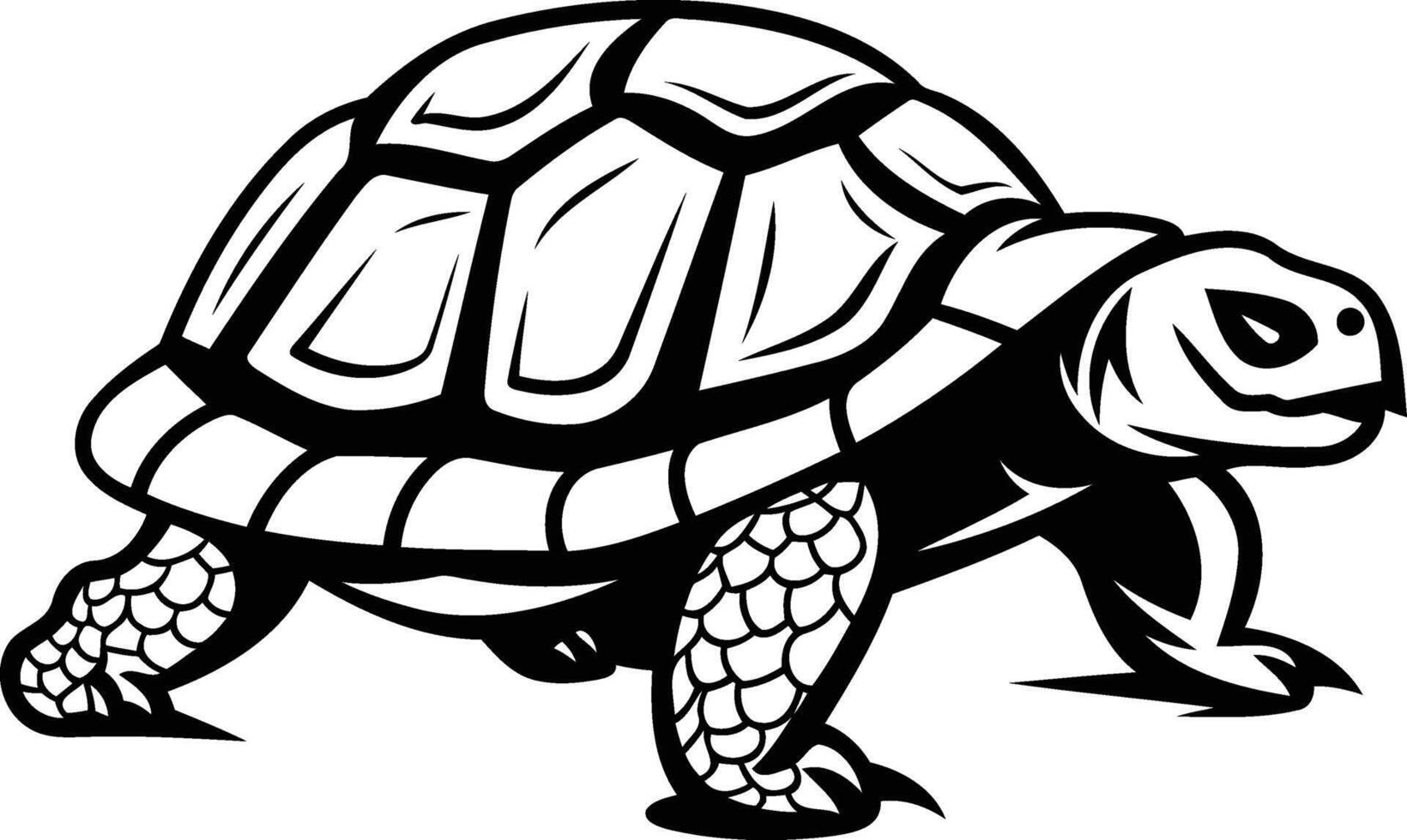 Black and white illustration of a turtle with a detailed shell and a determined expression vector