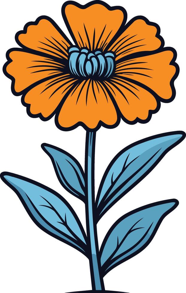Single Orange Flower with Blue Leaves vector