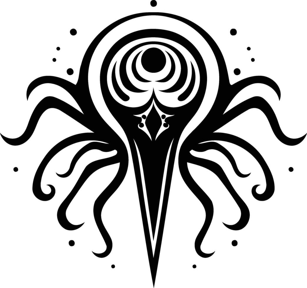 A striking, intricate black and white tattoo design, featuring a central eye and tendrils, perfect for body art or design inspiration vector
