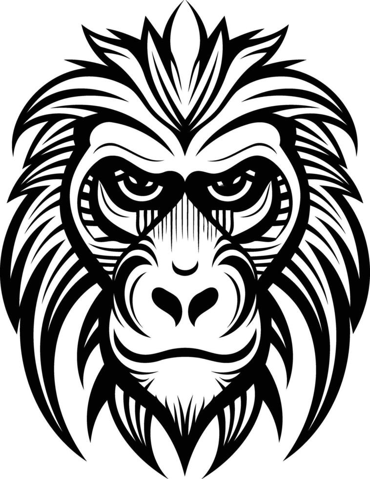 A bold, graphic illustration of a monkey's face in black and white vector