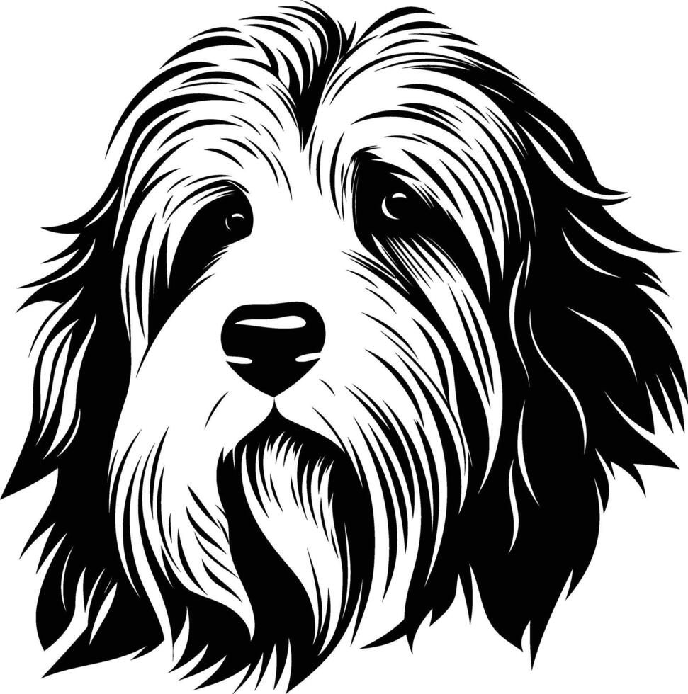 A bold, black and white illustration of a bearded collie dog's head vector