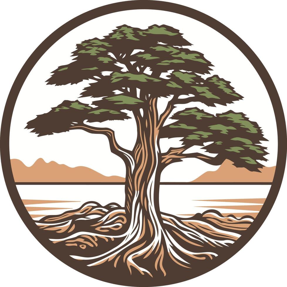 Tree in a Circular Frame with a Landscape vector