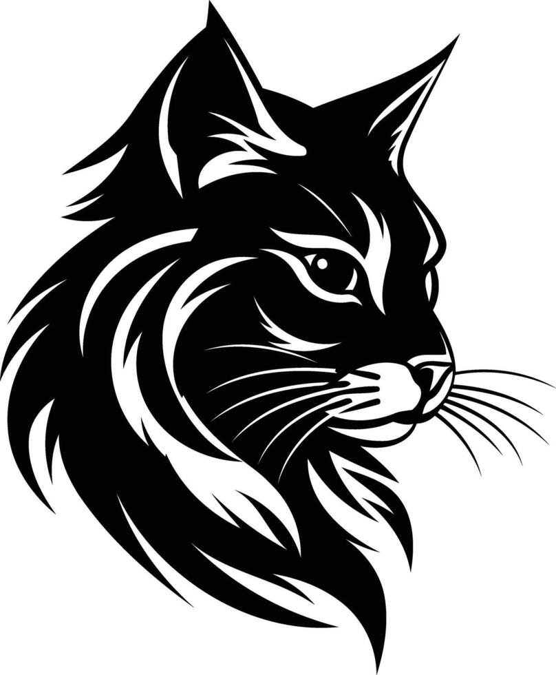 A bold, black and white illustration of a cat's head in profile, perfect for tattoo designs, logos, or any project needing a fierce, stylish feline motif vector