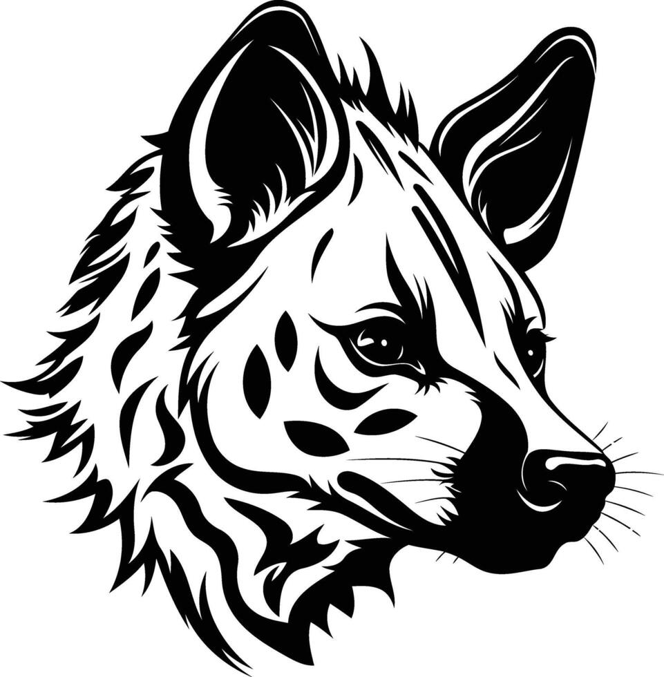 A striking black and white illustration of a hyena's head, showcasing its unique markings and powerful presence vector