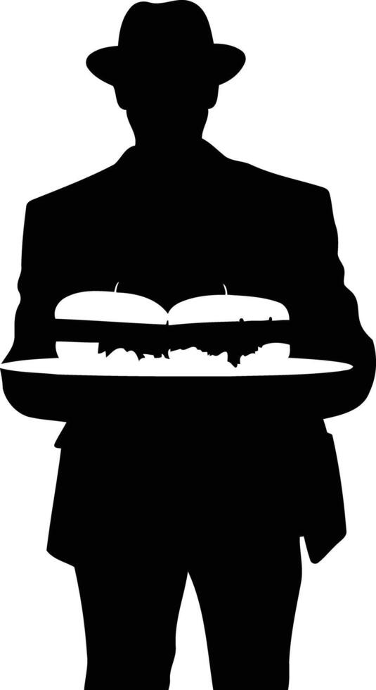 Silhouette of a man in a hat holding a tray with two hamburgers vector