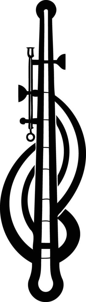 A stylized black and white illustration of a musical instrument resembling a violin, with a treble clef motif vector