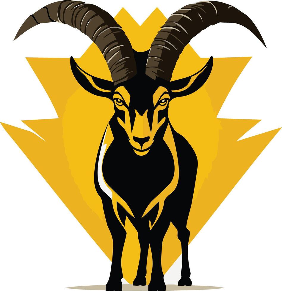 Black Mountain Goat with Curved Horns on a Yellow Background vector