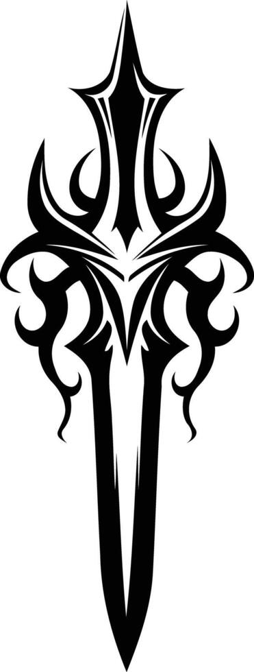 A bold and stylized black and white illustration of a dagger with intricate tribal details vector