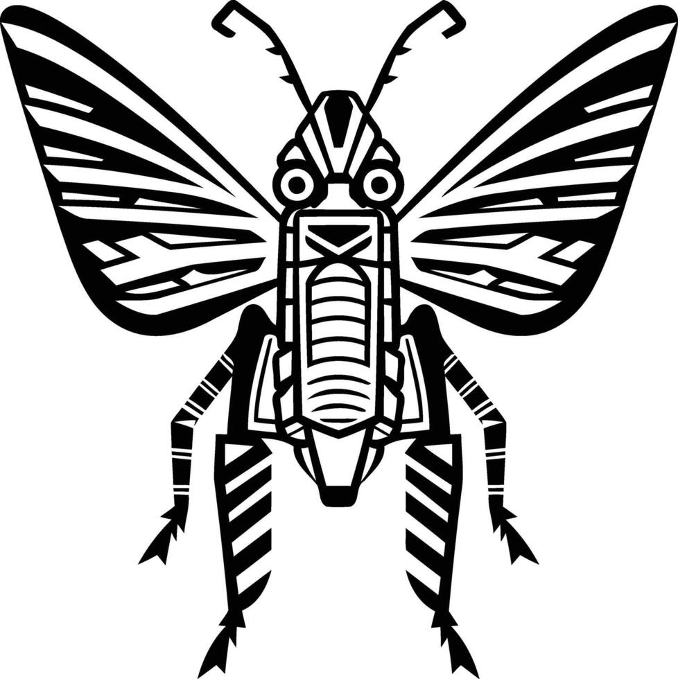 A bold, black and white illustration of a stylized insect with geometric wings and intricate patterns vector