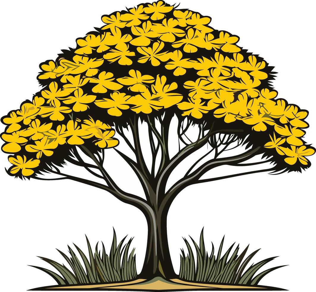 A Vibrant Yellow Tree with Green Grass vector