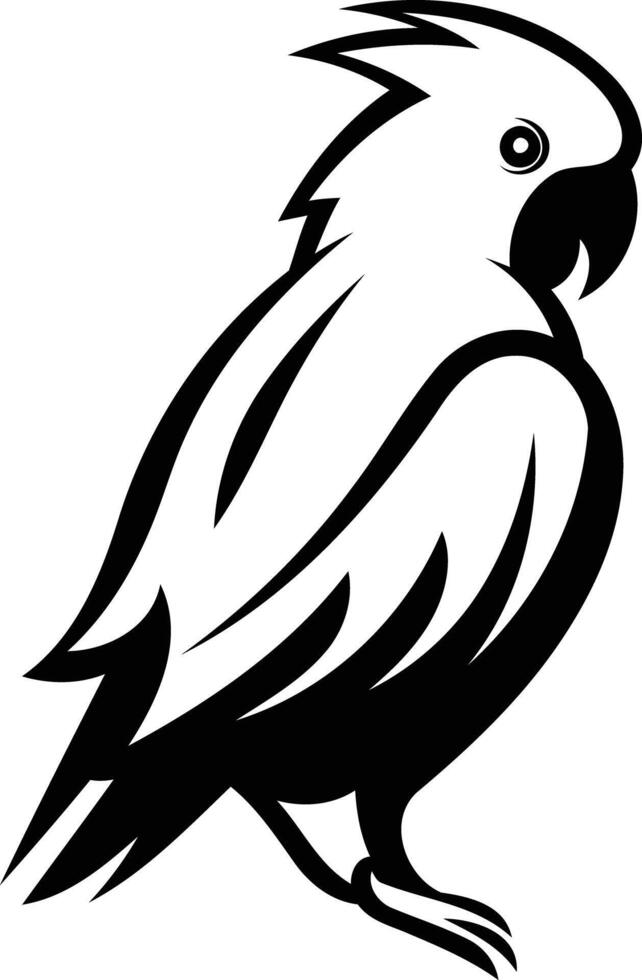 A bold, graphic silhouette of a parrot in black and white vector