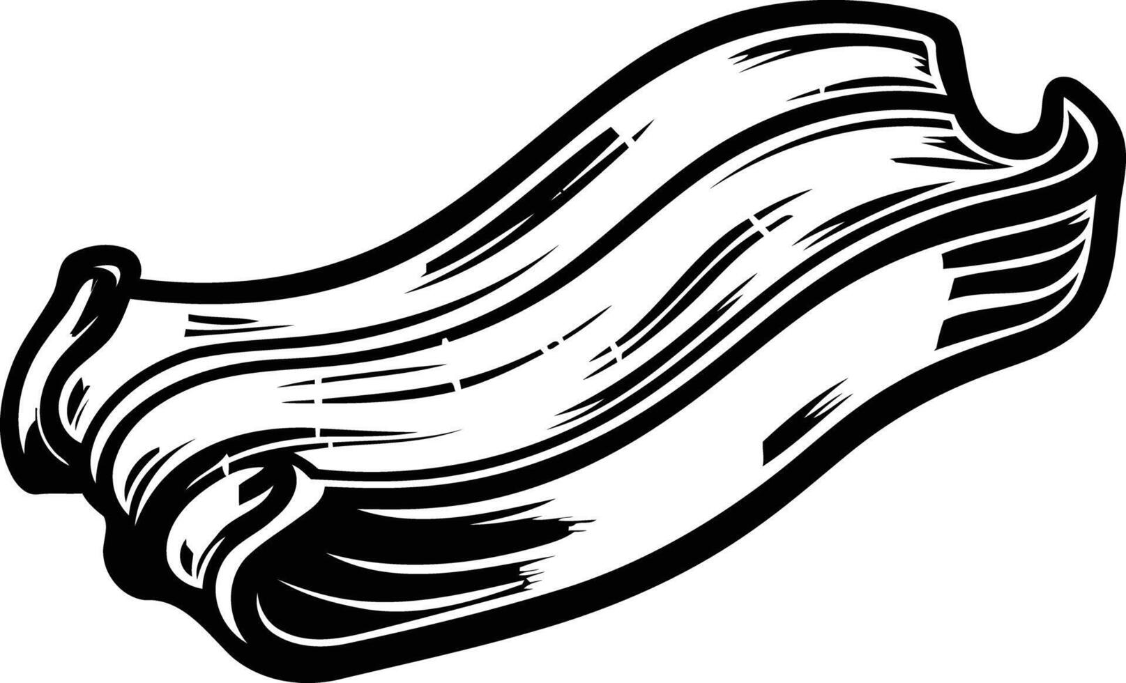 A bold, black and white illustration of a single, curved strip of bacon, perfect for adding a delicious and graphic element to your designs vector