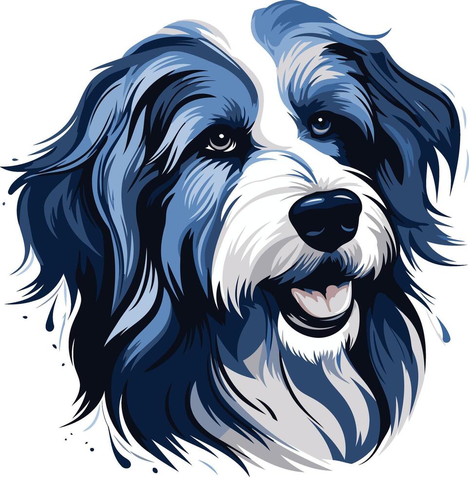 Blue and White Portrait of a Bearded Collie vector