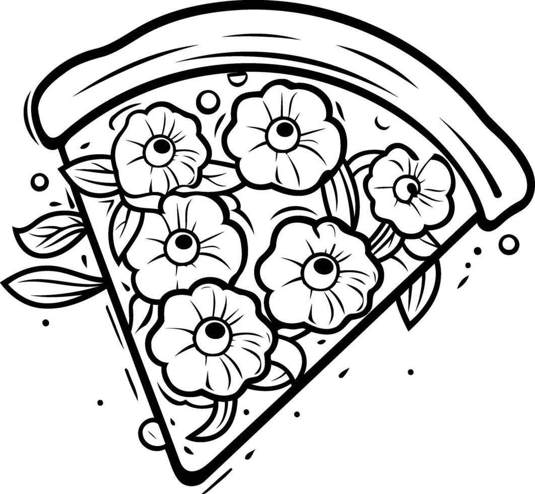 A bold and graphic illustration of a pizza slice with floral toppings vector