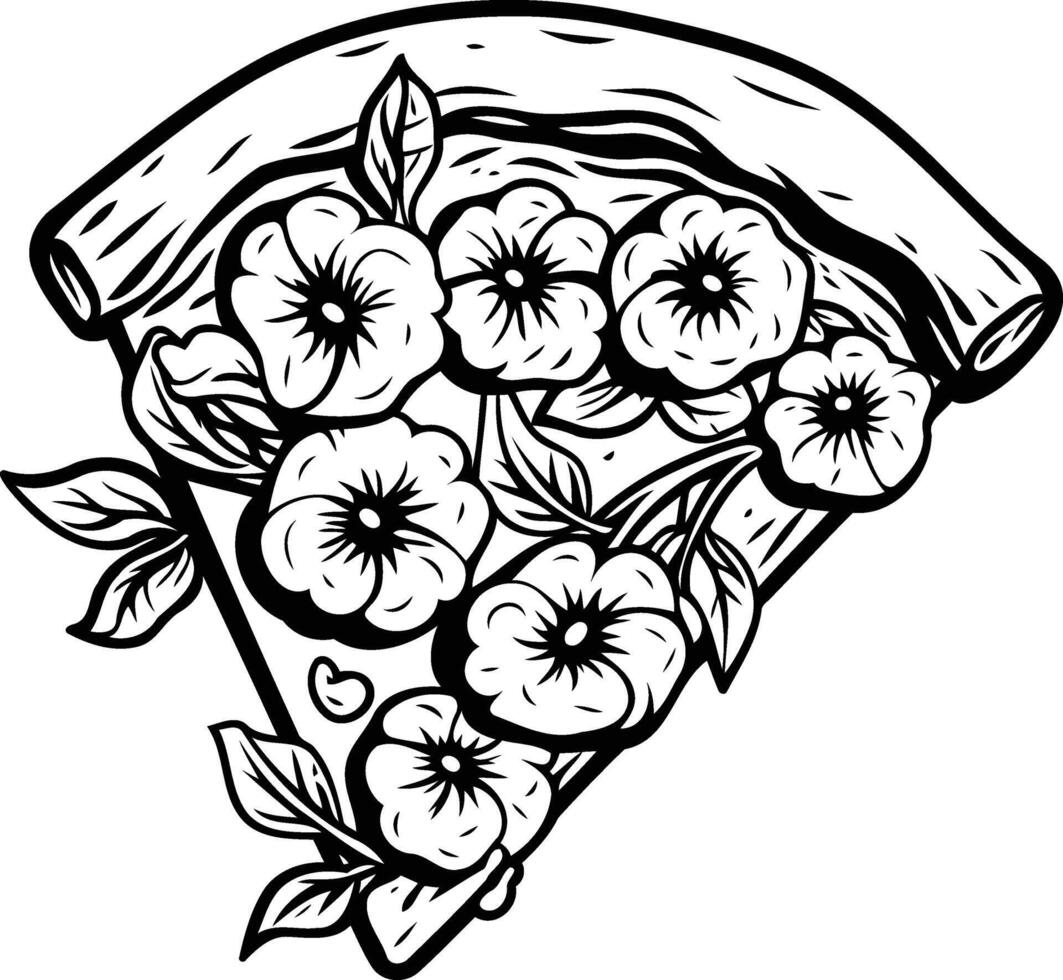 A unique and stylish black and white illustration of a pizza slice with a floral design vector