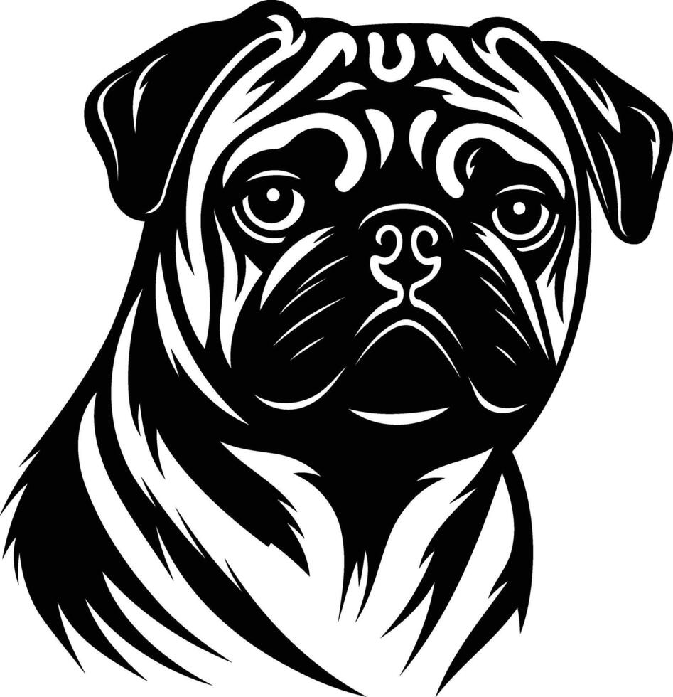 A striking black and white illustration of a pug's face, perfect for pet related projects, branding, or tattoo designs vector