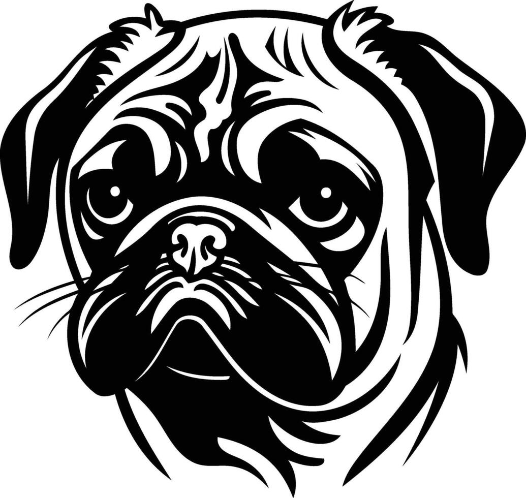 A bold, black and white illustration of a pug's face vector