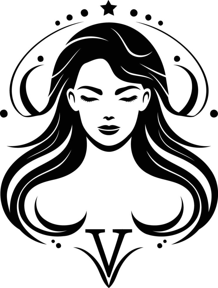 Elegant black and white logo design featuring a woman's face with flowing hair and a star above vector