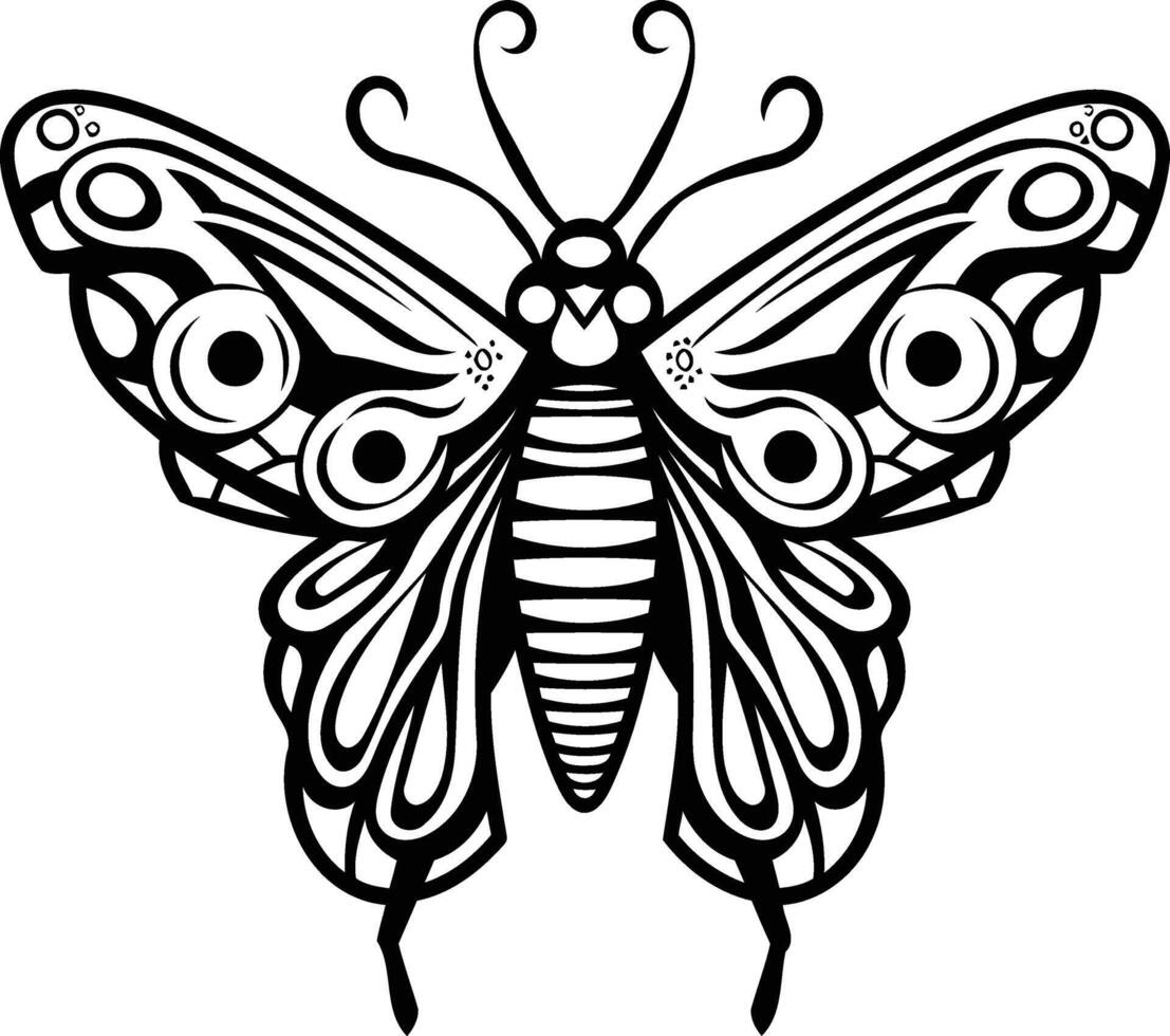 Intricate line art illustration of a butterfly in a black and white design vector