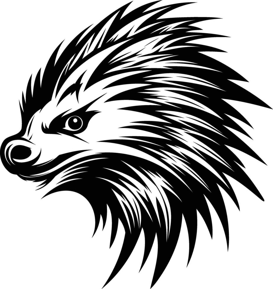 Black and white element illustration of a fierce animal head with spiky fur, perfect for tattoo designs, logos, or branding vector