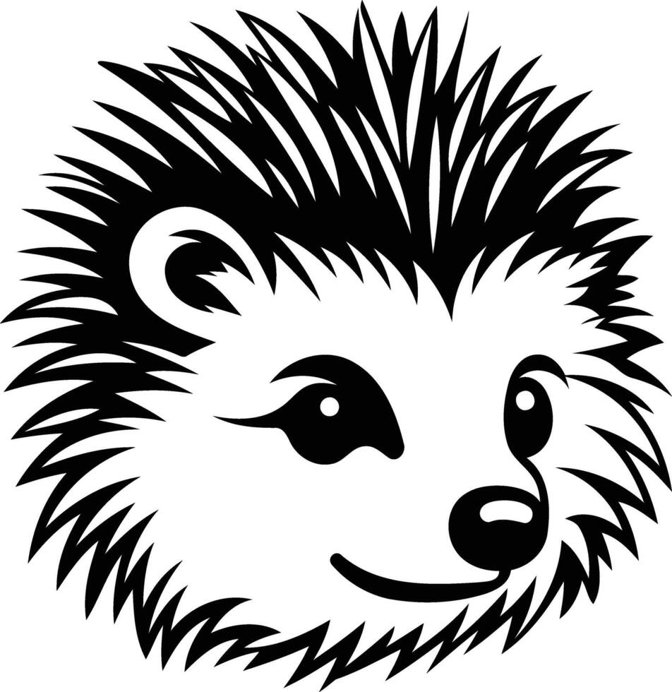 A charming black and white illustration of a hedgehog with a friendly expression, perfect for logos, branding, or children's illustrations vector