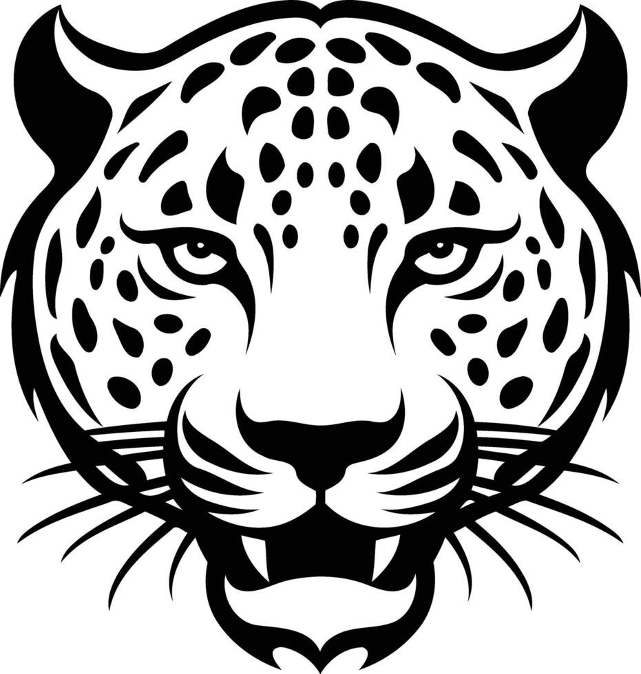 Black and white element illustration of a fierce leopard head with sharp teeth and a snarling expression vector