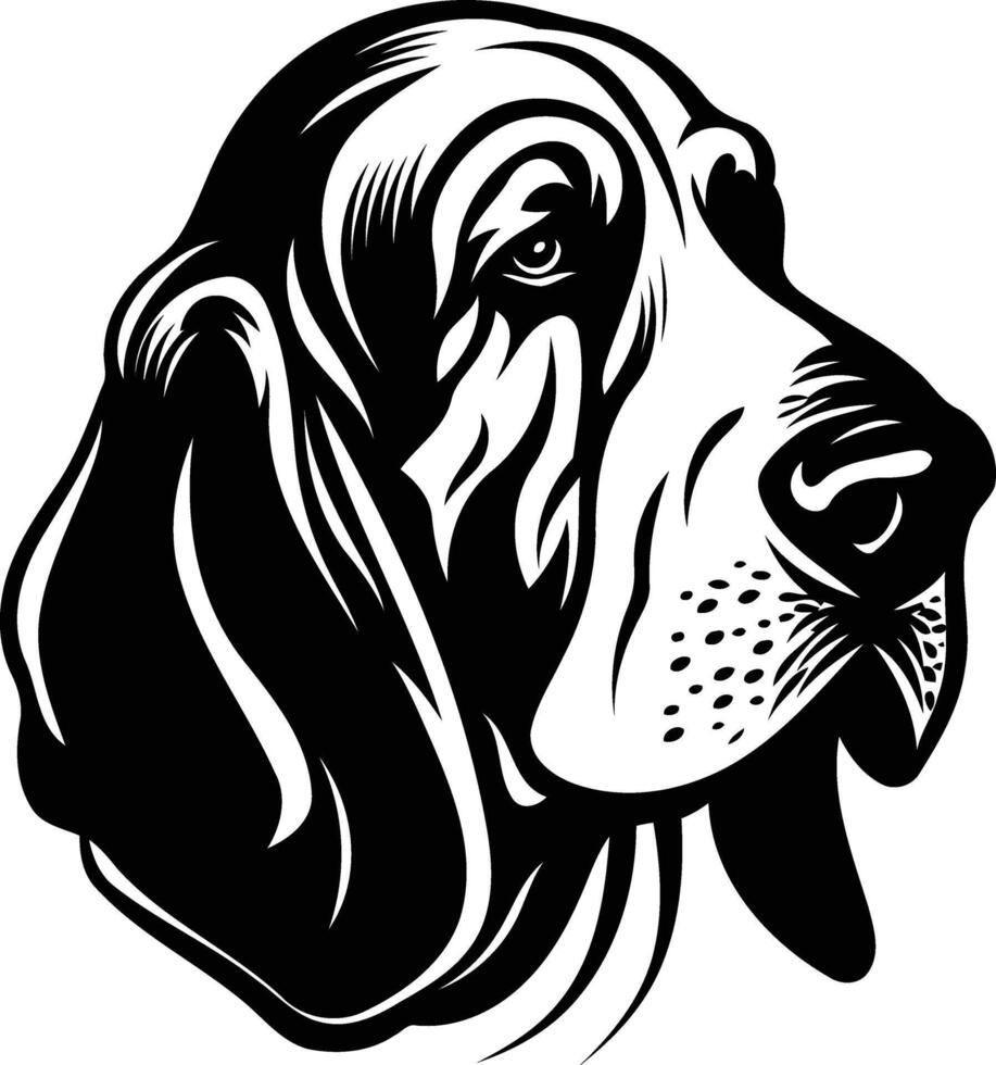 Black and white illustration of a bloodhound's head, perfect for use in designs for dog lovers, hunting, or as a tattoo design vector