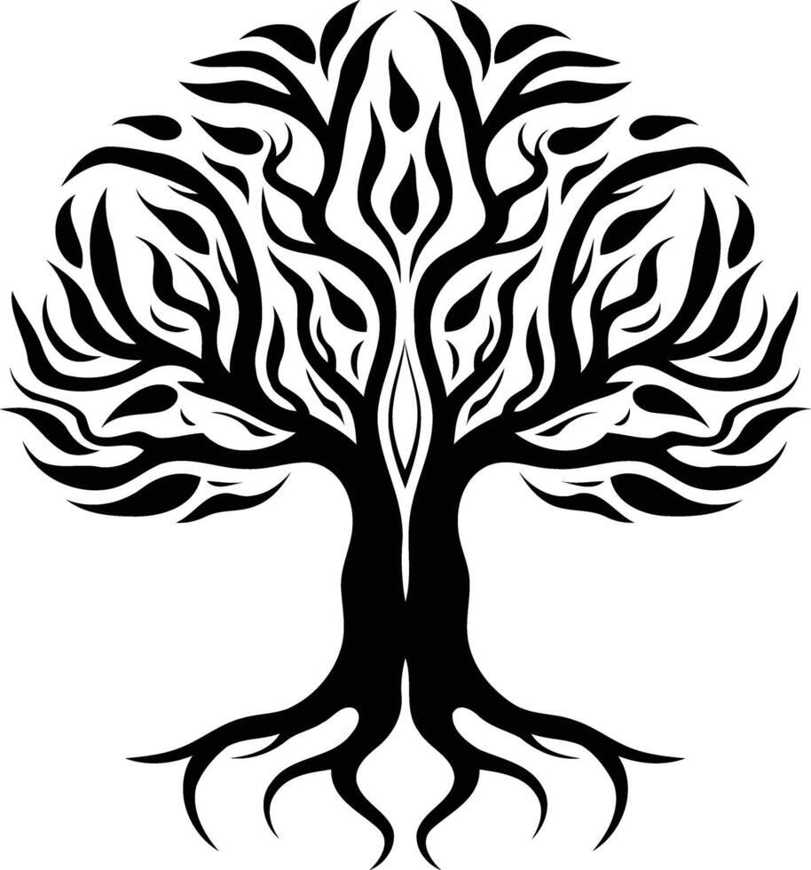 A stylized, black and white tree silhouette with intricate branching and a strong root system vector