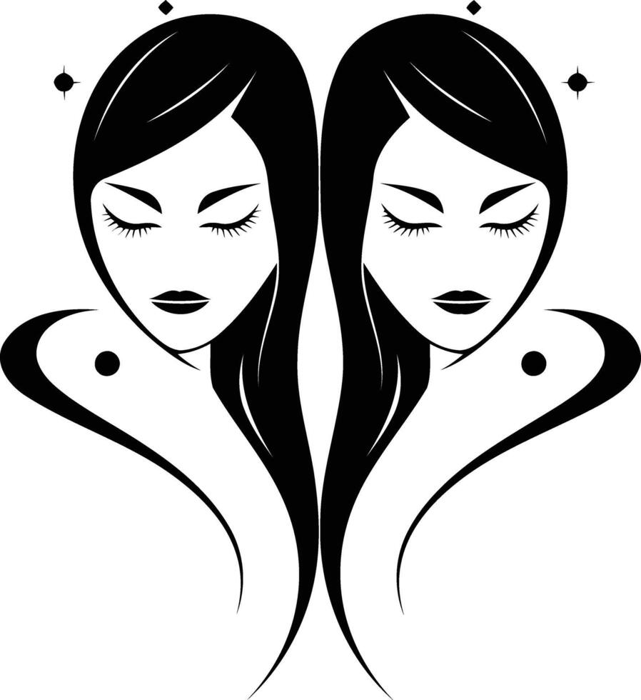A minimalist black and white illustration of two women's faces, facing each other in a mirrored image vector