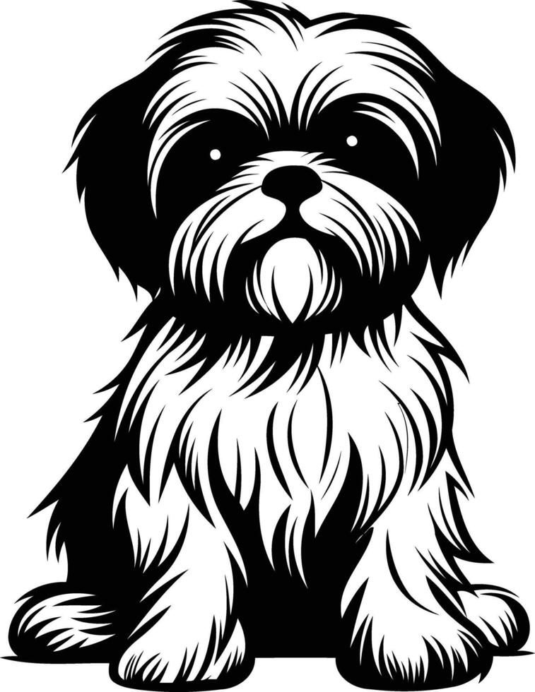 Adorable black and white illustration of a shih tzu dog sitting, perfect for pet lovers, dog owners, or anyone who needs a cute and friendly image vector
