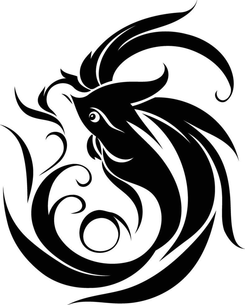 Stylish black and white tribal tattoo design featuring a stylized fish with flowing lines and intricate details vector