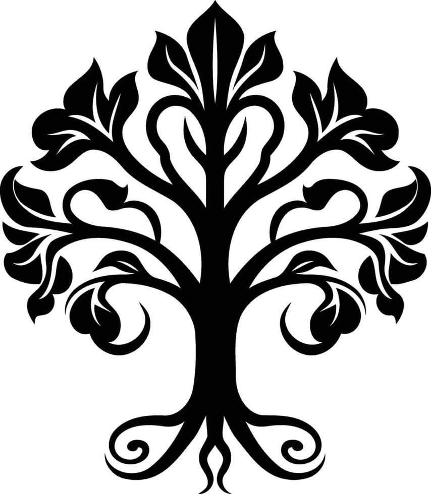 Elegant black and white silhouette of a stylized tree with intricate branches and roots vector