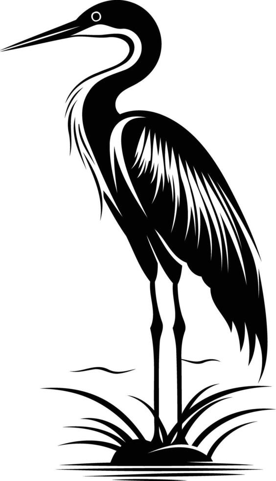 Elegant black and white silhouette of a heron standing in water vector