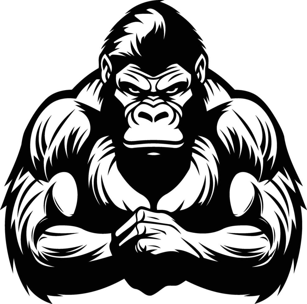A powerful black and white illustration of a muscular gorilla with arms crossed, perfect for designs requiring strength and dominance vector