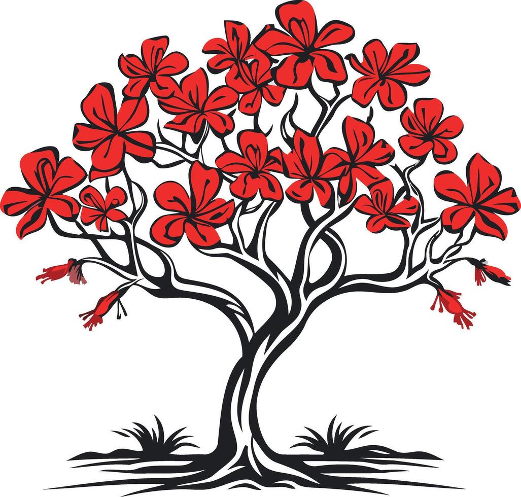 Red Blooming Tree with Black Branches vector