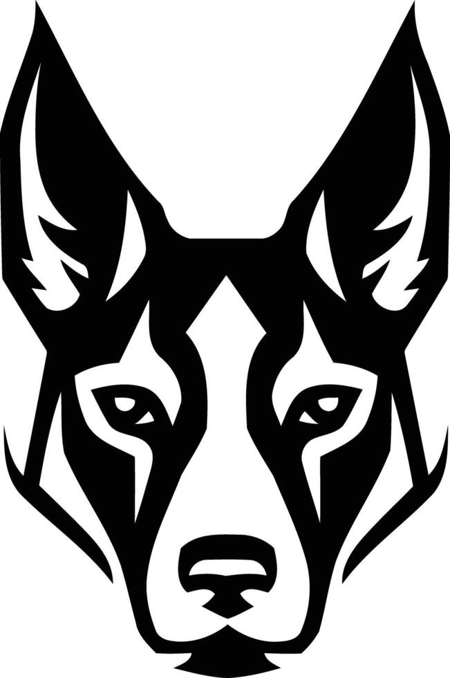 A bold, black and white illustration of a wolf's head in a tribal style vector