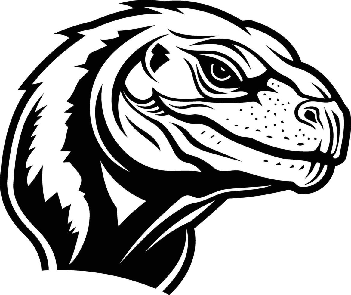 Black and white illustration of a ferocious lizard head, perfect for tattoo design, branding, or mascot concepts vector