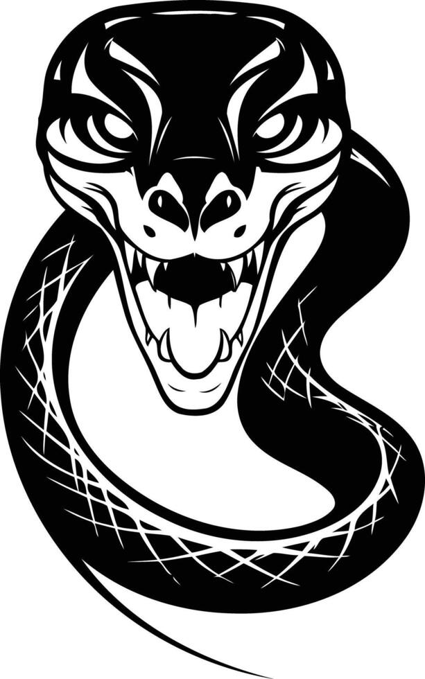 A menacing black and white illustration of a snake with bared fangs vector