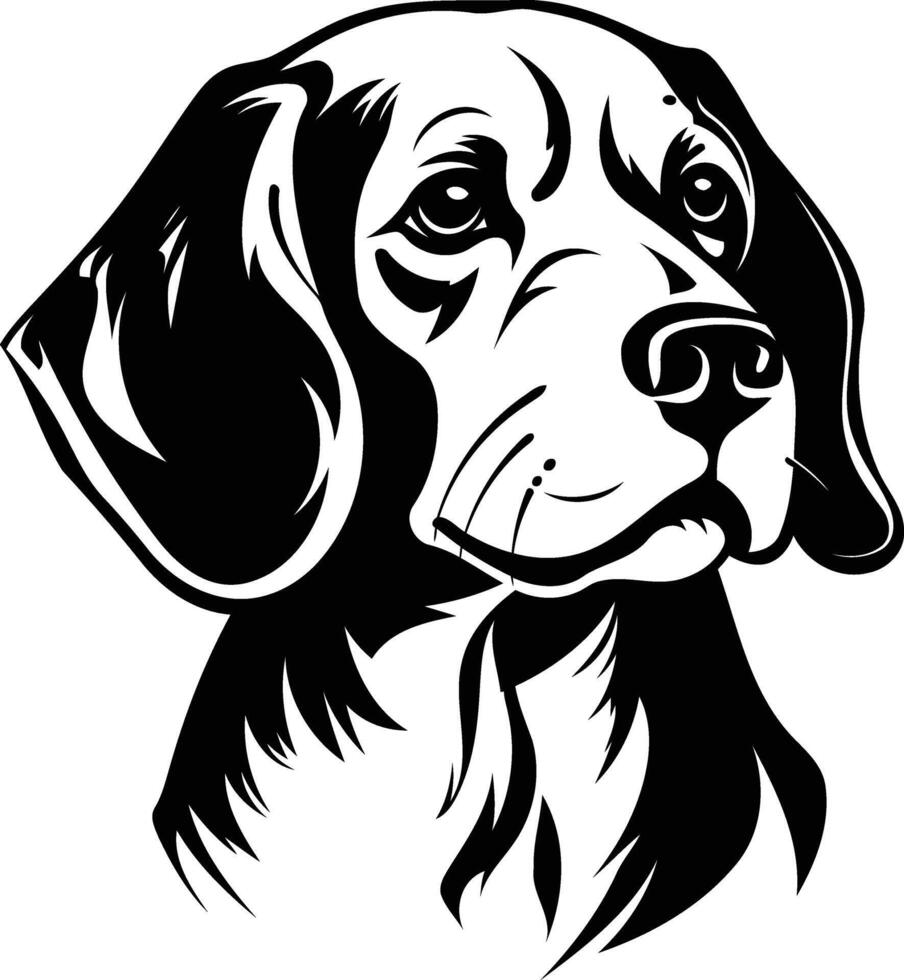 A bold black and white illustration of a beagle dog's head, perfect for pet related designs, t shirts, or branding vector