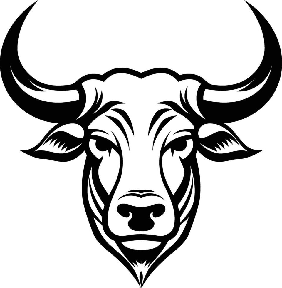 A bold black and white illustration of a bull's head, featuring powerful horns and a determined expression vector