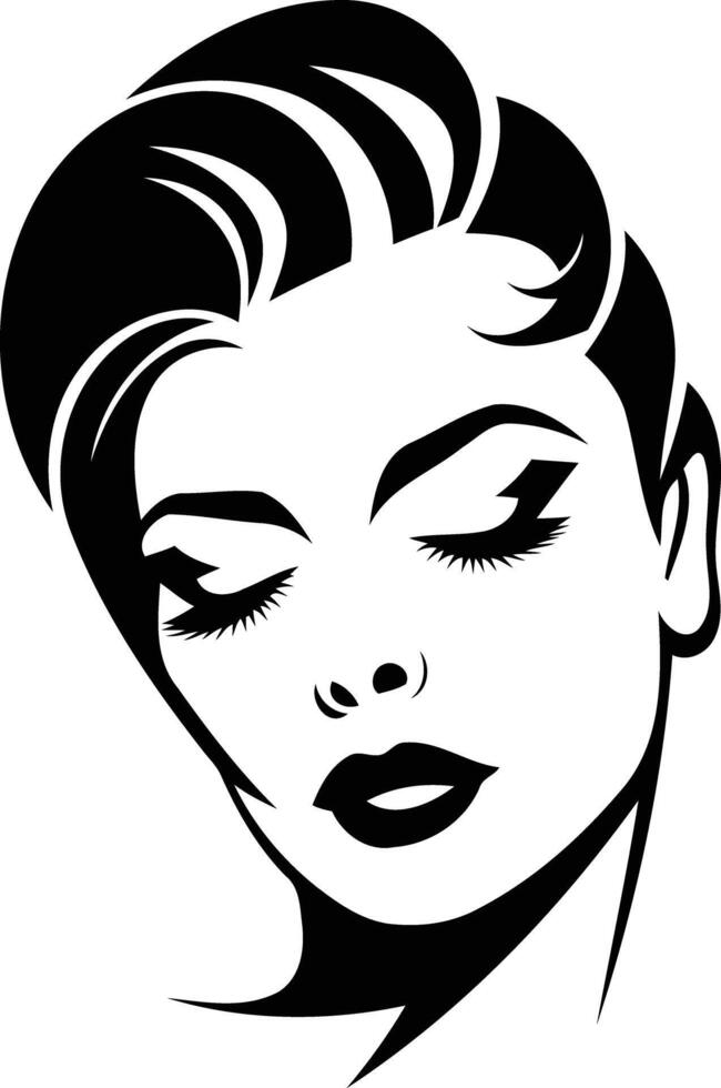 Stylish black and white illustration of a woman's face with closed eyes and a dramatic hairstyle vector
