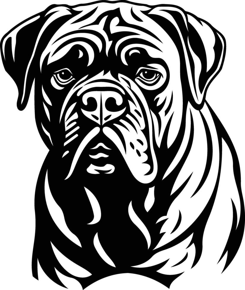 Black and white tattoo style illustration of a bullmastiff's head vector