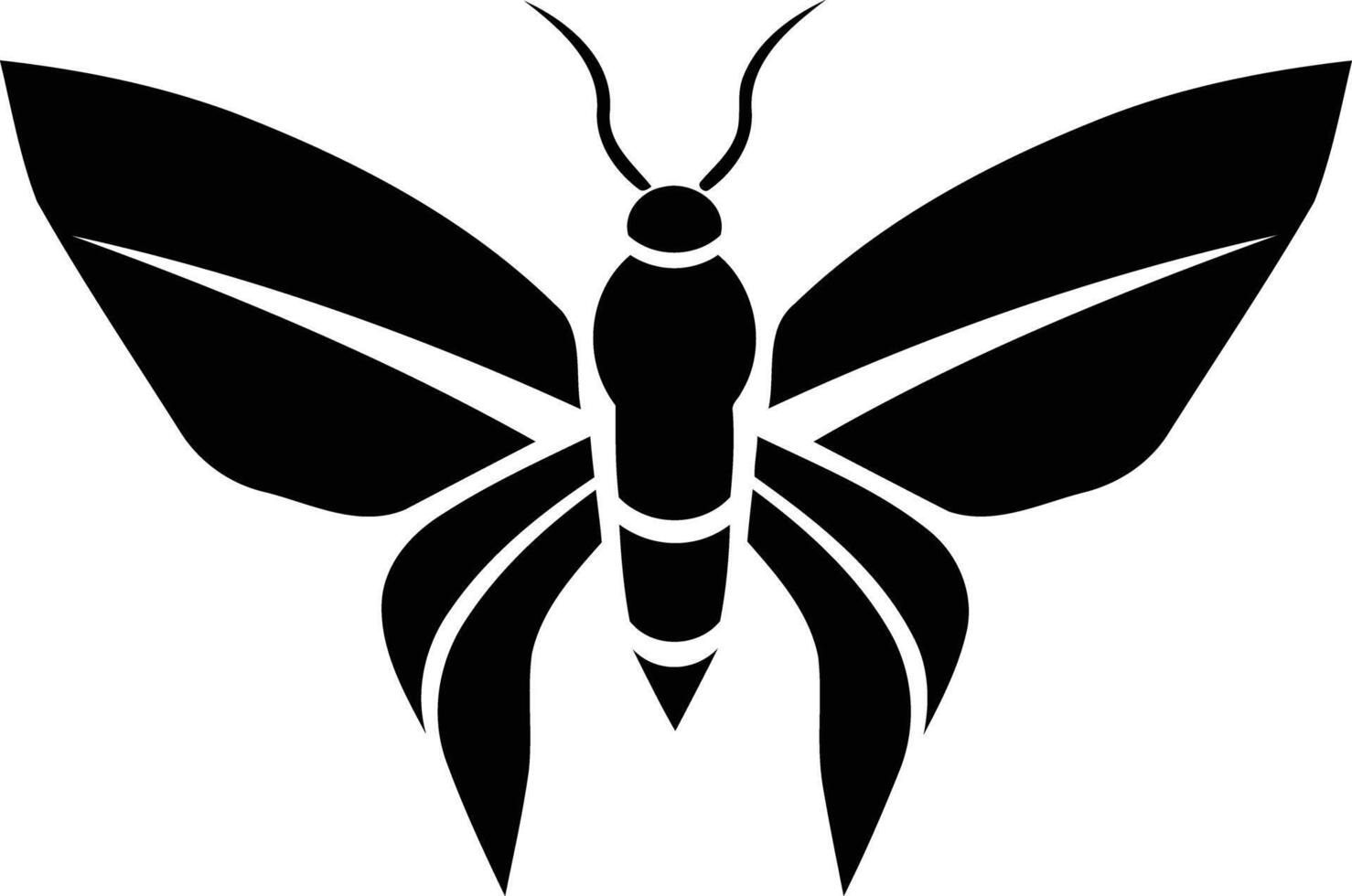A bold, black silhouette of a butterfly in flight, perfect for logo designs, branding, or illustrations vector